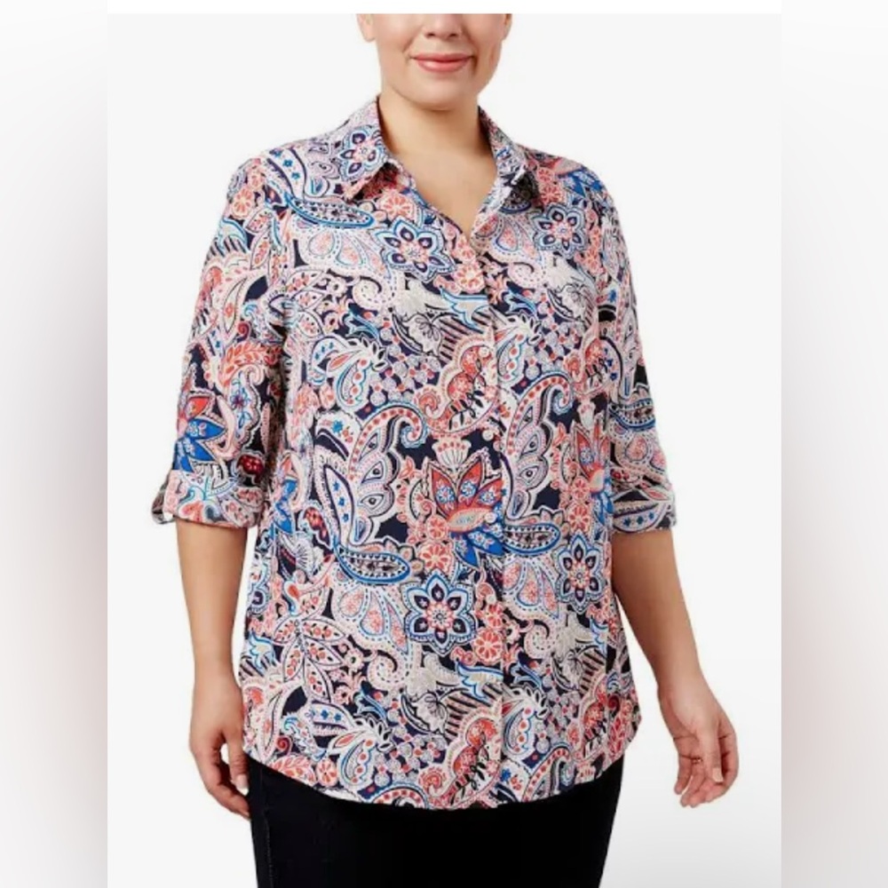 Charter Club Plus Size Intrepid Blue Red Paisley Button-Down Shirt Size 1X